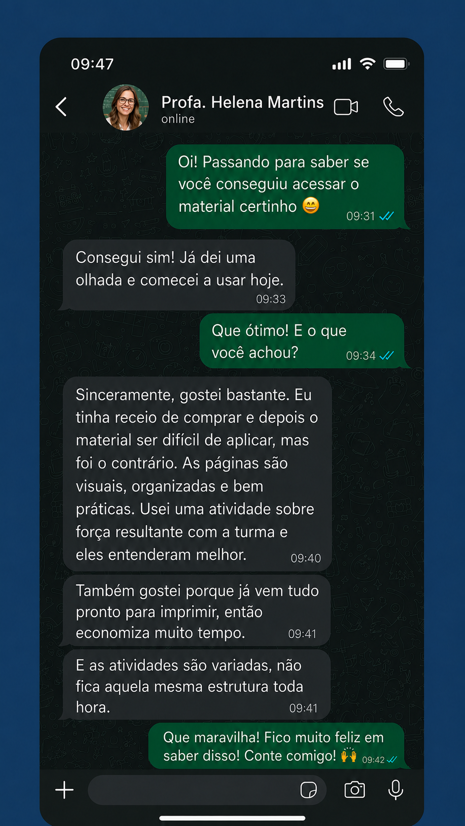 Conversa no WhatsApp com a professora Helena Martins sobre o material Forças e Leis de Newton Visual