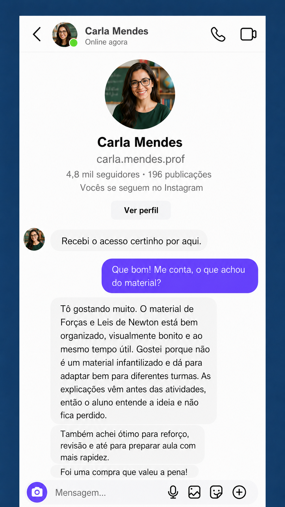 Conversa no Instagram com Carla Mendes sobre o material Forças e Leis de Newton Visual